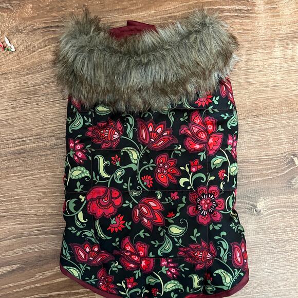 Friends Forever Floral Print Dog Jacket with Faux Fur Collar Size S - Picture 1 of 6